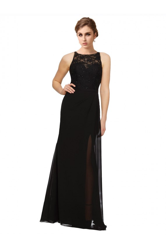 Long Sleeveless Soft Chiffon & Lace Black Sheath Bridesmaid Dress Colchester