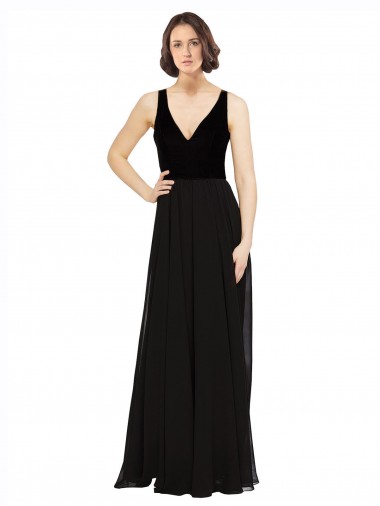 Long Sleeveless Soft Chiffon & Velvet Black A-Line Prom Dress / Bridesmaid Dress Colchester