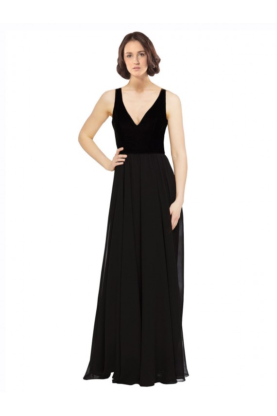 Long Sleeveless Soft Chiffon & Velvet Black A-Line Prom Dress / Bridesmaid Dress Colchester