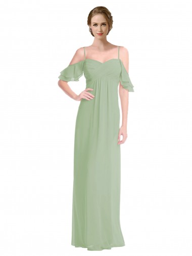 Long Sleeveless Soft Chiffon Smoke Green Off the Shoulder A-Line Formal Dress / Bridesmaid Dress Colchester