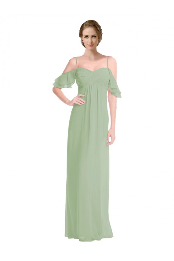 Long Sleeveless Soft Chiffon Smoke Green Off the Shoulder A-Line Formal Dress / Bridesmaid Dress Colchester