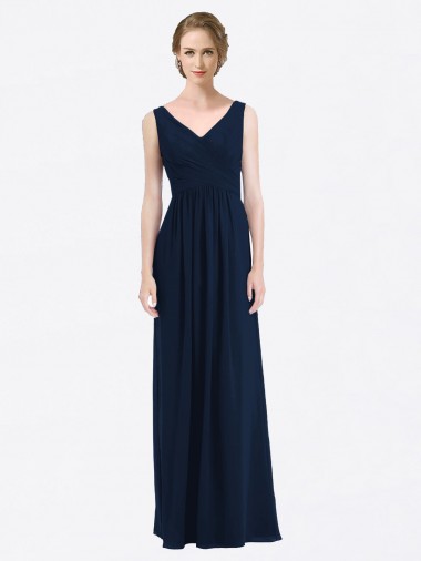 Long Sleeveless Soft Chiffon Dark Navy V-Neck A-Line Evening Gowns / Bridesmaid Dress Colchester