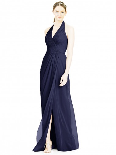 Long Sleeveless Soft Chiffon Dark Navy Halter Neck A-Line Formal Dress / Bridesmaid Dress Colchester