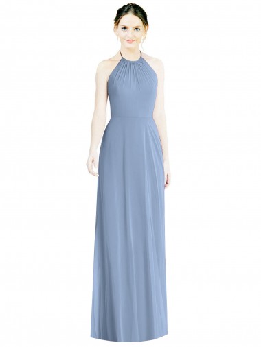 Long Floor Length Sleeveless Chiffon Dusty Blue Halter Neck A-Line Bridesmaid Dress Colchester