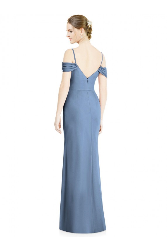 Long Cold Shoulder Soft Chiffon Dusty Blue A-Line Formal Evening Gown / Bridesmaid Dress Colchester
