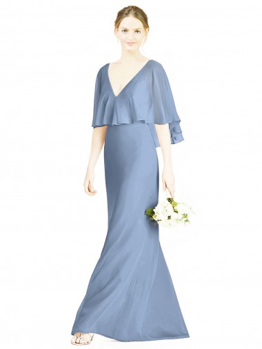 Long Sleeveless Soft Chiffon Dusty Blue V-Neck Trumpet Bridesmaid Dress Colchester