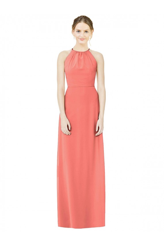 Long Sleeveless Soft Chiffon Coral Halter Neck A-Line Bridesmaid Dress Colchester