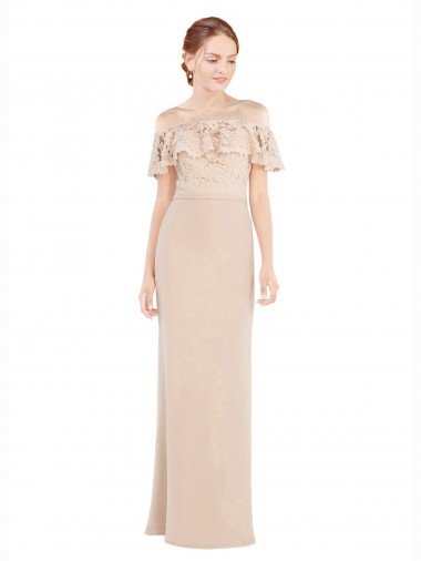 Long Sleeveless Soft Chiffon & Lace Champagne Off the Shoulder A-Line Prom Dress / Bridesmaid Dress Colchester