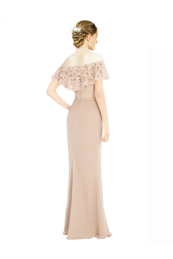 Long Sleeveless Soft Chiffon & Lace Champagne Off the Shoulder A-Line Prom Dress / Bridesmaid Dress Colchester