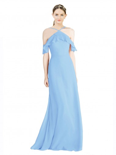 Long Cold Shoulder Soft Chiffon Periwinkle A-Line Formal Dress / Bridesmaid Dress Colchester