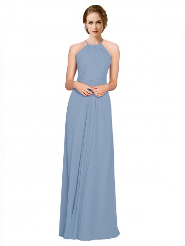 Long Sleeveless Chiffon Dusty Blue Halter Neck A-Line Bridesmaid Dress / Evening Dress Colchester