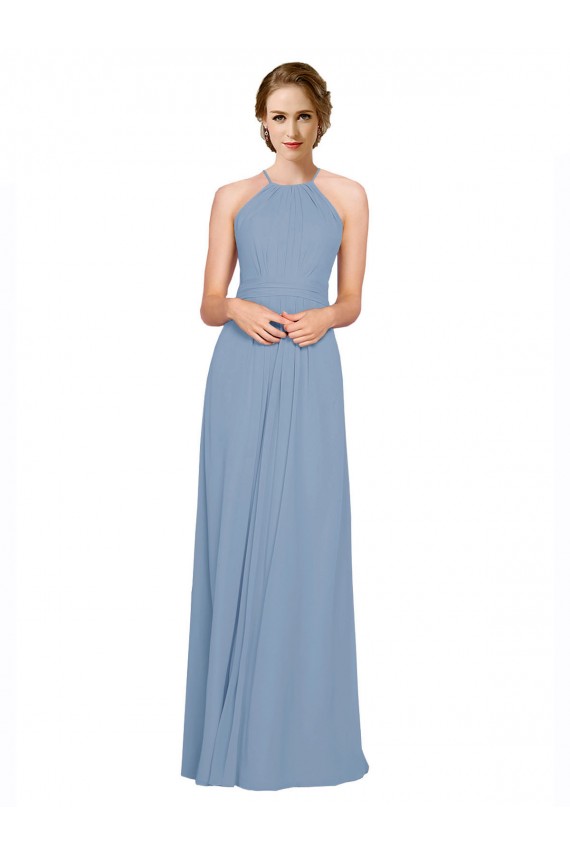 Long Sleeveless Chiffon Dusty Blue Halter Neck A-Line Bridesmaid Dress / Evening Dress Colchester