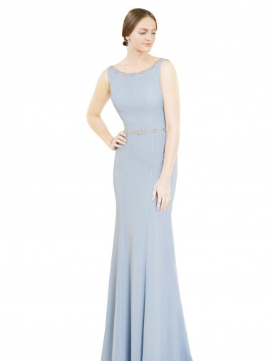 Long Sleeveless Soft Chiffon Light Sky Blue Boat Neck A-Line Bridesmaid Dress Colchester