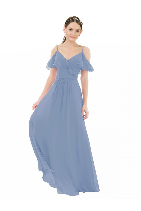 Long Cap Sleeves Lxue Chiffon Dusty Blue A-Line Bridesmaid Dress Colchester