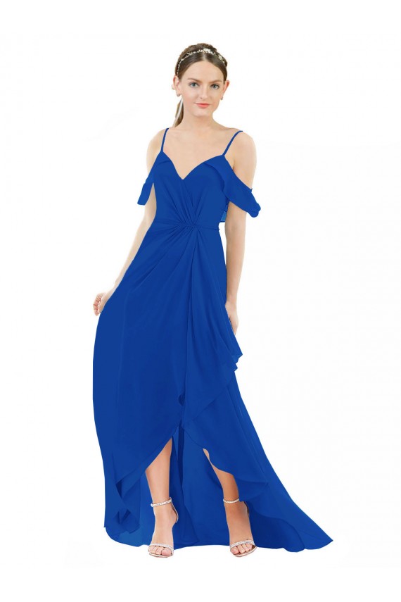 Long Cold Shoulder Soft Chiffon Royal Blue A-Line High Low Bridesmaid Dress Colchester