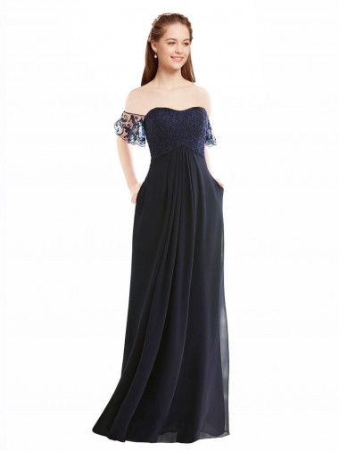 Long Cap Sleeves Soft Chiffon & Lace Dark Navy A-Line Formal Dress / Bridesmaid Dress Colchester