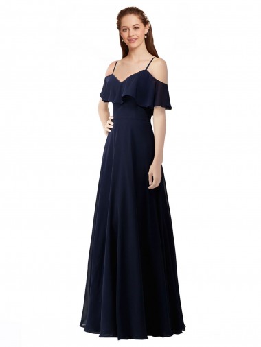 Long Sleeveless Soft Chiffon Dark Navy Off the Shoulder A-Line Bridesmaid Dress Colchester