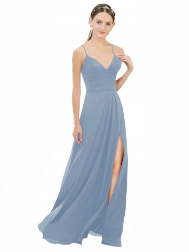 Long Sleeveless Soft Chiffon & Lace Dusty Blue A-Line Bridesmaid Dress Colchester