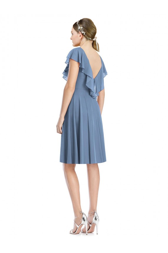 Cocktail Length Cap Sleeves Soft Chiffon Dusty Blue A-Line Bridesmaid Dress Colchester