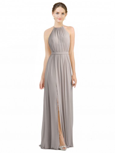 Long Sleeveless Soft Chiffon Oyster Silver Halter Neck A-Line Bridesmaid Dress Colchester