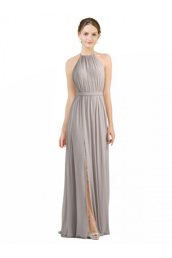 Long Sleeveless Soft Chiffon Oyster Silver Halter Neck A-Line Bridesmaid Dress Colchester
