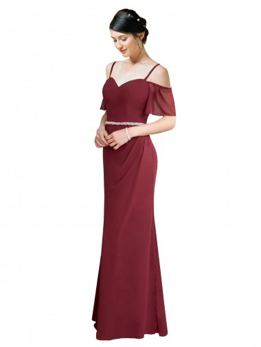Long Cold Shoulder Soft Chiffon Burgundy A-Line Bridesmaid Dress Colchester