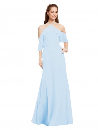 Long Cold Shoulder Soft Chiffon Light Sky Blue A-Line Formal Dress / Bridesmaid Dress Colchester
