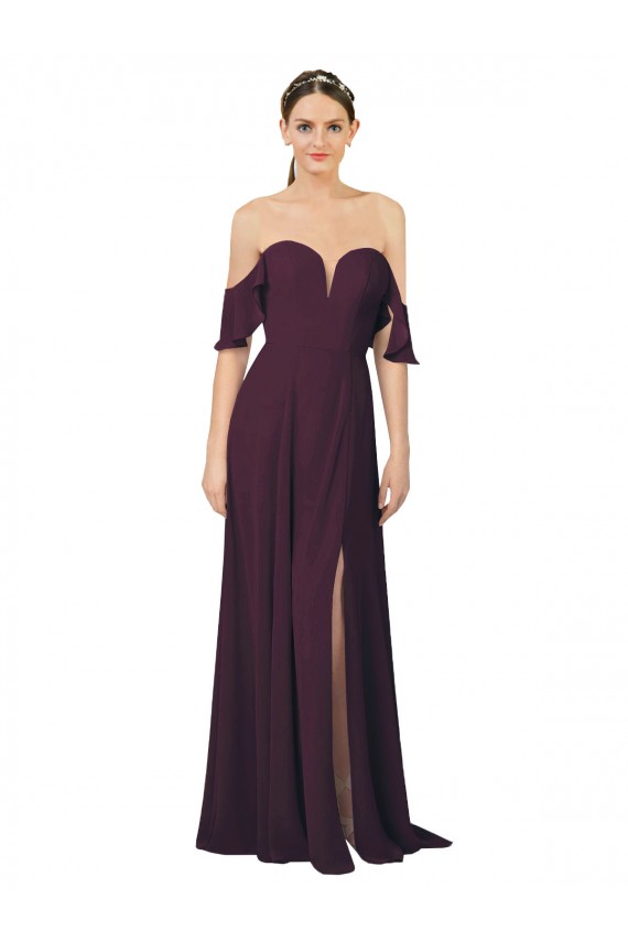 Long Cold Shoulder Soft Chiffon Grape Sheath Formal Dress / Bridesmaid Dress Colchester