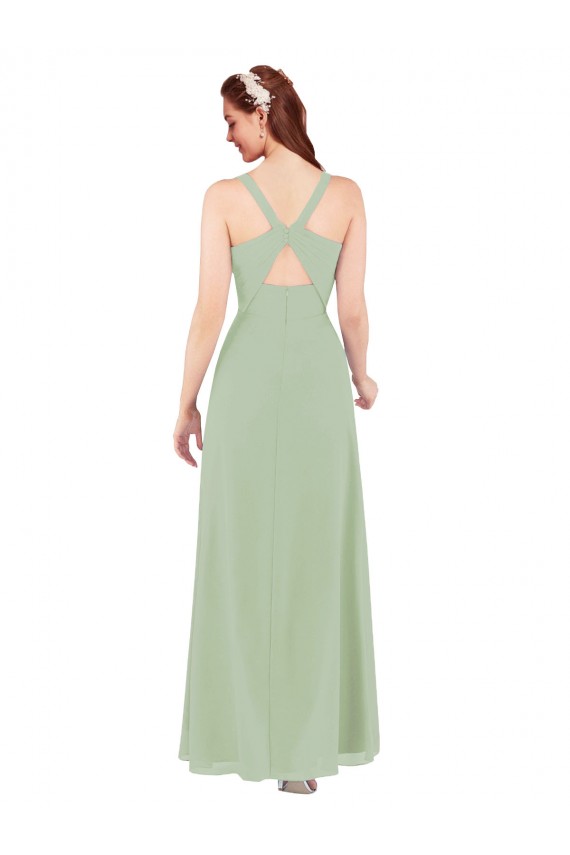 Long Sleeveless Soft Chiffon Smoke Green Sheath Bridesmaid Dress Colchester