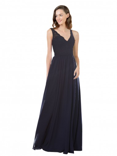 Long Sleeveless Soft Chiffon & Lace Dark Navy A-Line Bridesmaid Dress Colchester