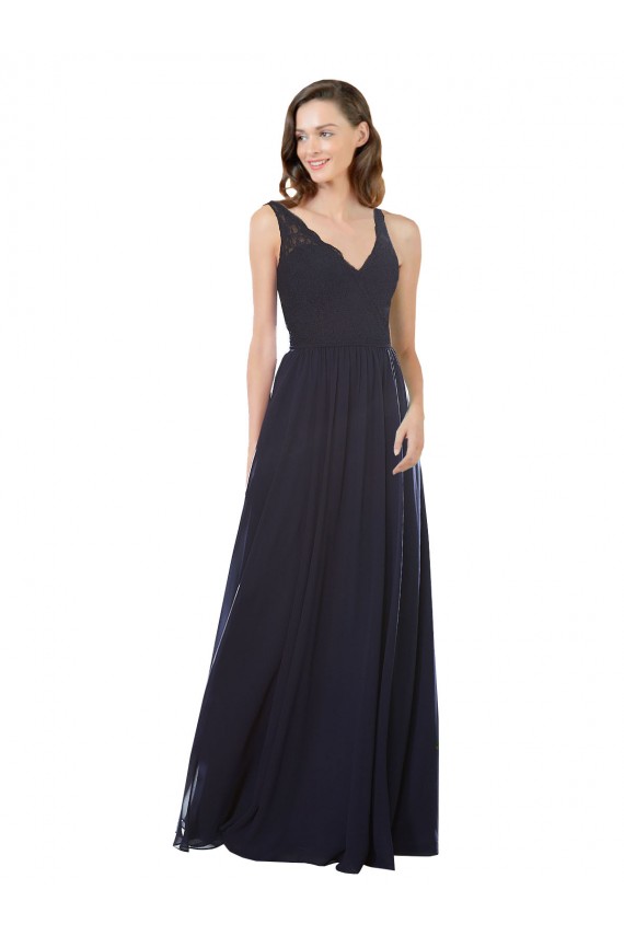 Long Sleeveless Soft Chiffon & Lace Dark Navy A-Line Bridesmaid Dress Colchester