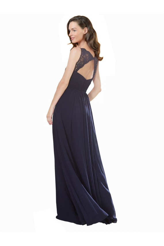 Long Sleeveless Soft Chiffon & Lace Dark Navy A-Line Bridesmaid Dress Colchester