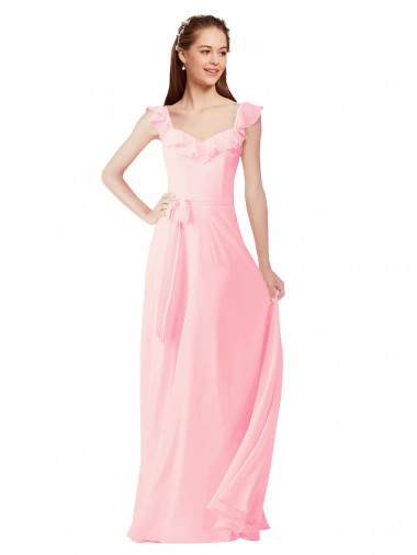 Long Cap Sleeves Soft Chiffon Pink A-Line Bridesmaid Dress Colchester