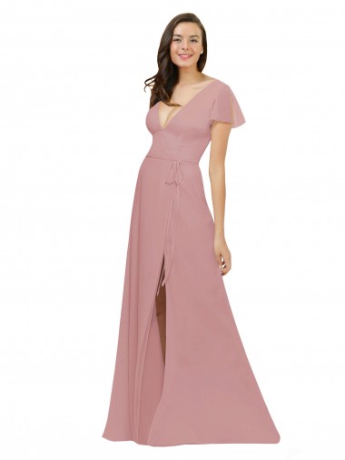 Long Flutter Sleeves Chiffon Dusty Pink A-Line Bridesmaid Dress / Evening Dress Colchester