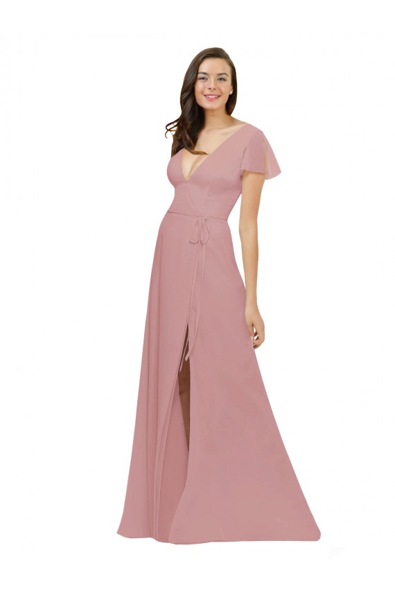 Long Flutter Sleeves Chiffon Dusty Pink A-Line Bridesmaid Dress / Evening Dress Colchester