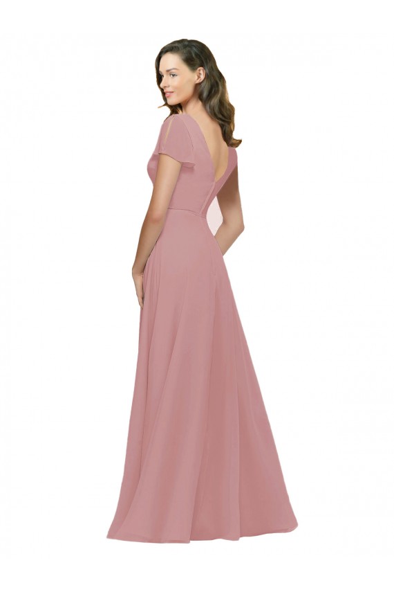 Long Flutter Sleeves Chiffon Dusty Pink A-Line Bridesmaid Dress / Evening Dress Colchester