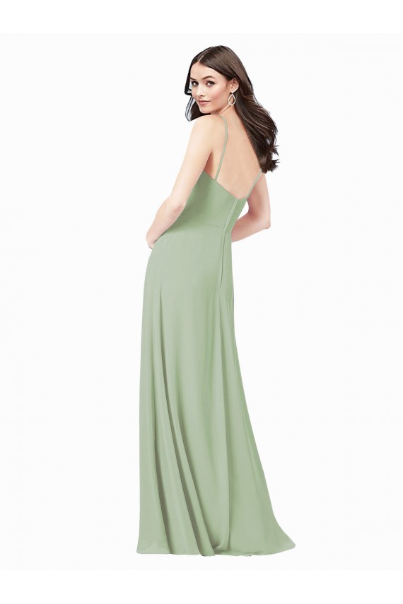 Long Sleeveless Soft Chiffon Smoke Green Spaghetti Straps A-Line Bridesmaid Dress Colchester