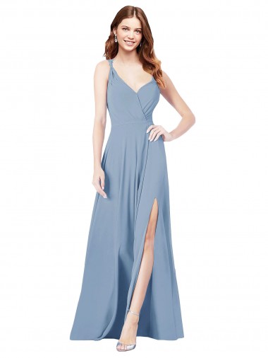 Long Sleeveless Soft Chiffon Dusty Blue Spaghetti Straps A-Line Formal Dress / Bridesmaid Dress Colchester