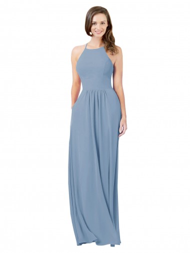 Long Sleeveless Chiffon Dusty Blue A-Line Bridesmaid Gowns Colchester