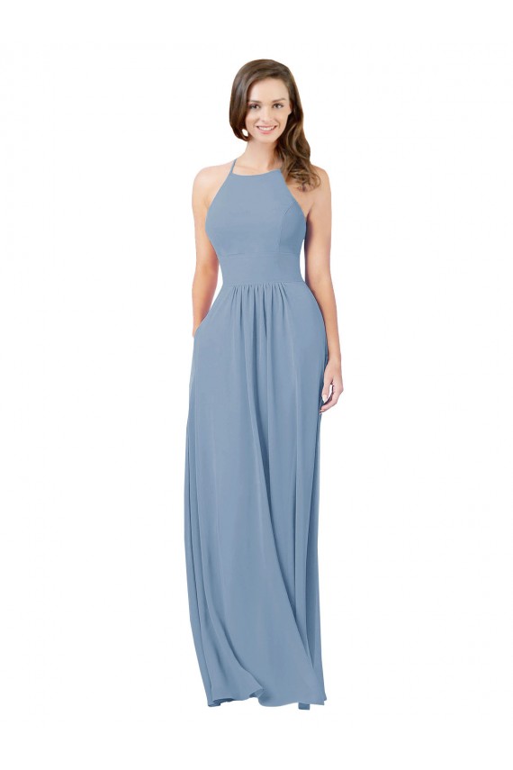 Long Sleeveless Chiffon Dusty Blue A-Line Bridesmaid Gowns Colchester