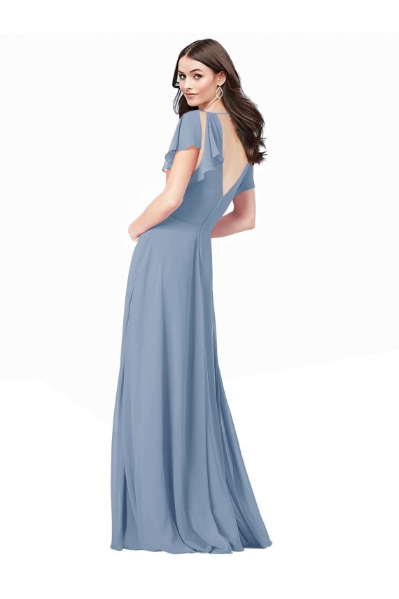 Long Cap Sleeves Soft Chiffon Dusty Blue A-Line Black Tie Prom Dress / Bridesmaid Dress Colchester