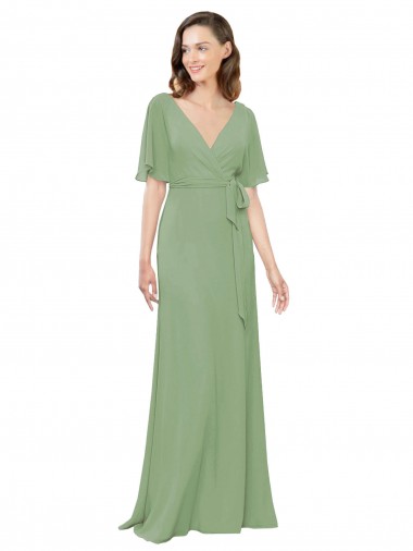 Long Short Flutter Sleeves Soft Chiffon Seagrass A-Line Bridesmaid Dress Colchester