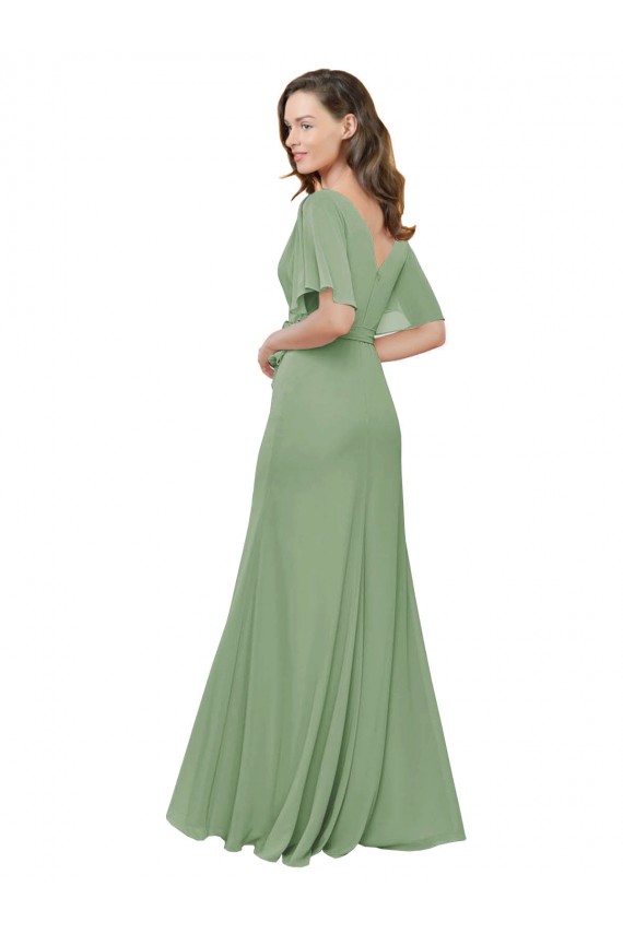 Long Short Flutter Sleeves Soft Chiffon Seagrass A-Line Bridesmaid Dress Colchester