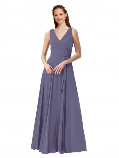Long Sleeveless Soft Chiffon Silver Stone V-Neck A-Line Bridesmaid Dress Colchester