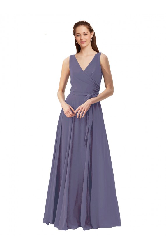 Long Sleeveless Soft Chiffon Silver Stone V-Neck A-Line Bridesmaid Dress Colchester