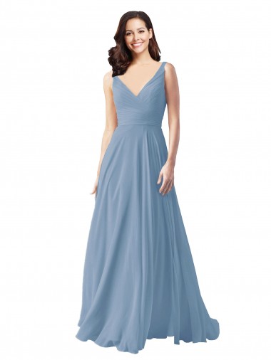 Long Sleeveless Chiffon Dusty Blue V-Neck A-Line Wedding Party Dress Colchester