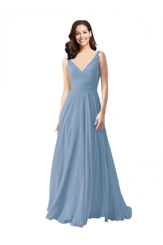 Long Sleeveless Chiffon Dusty Blue V-Neck A-Line Wedding Party Dress Colchester