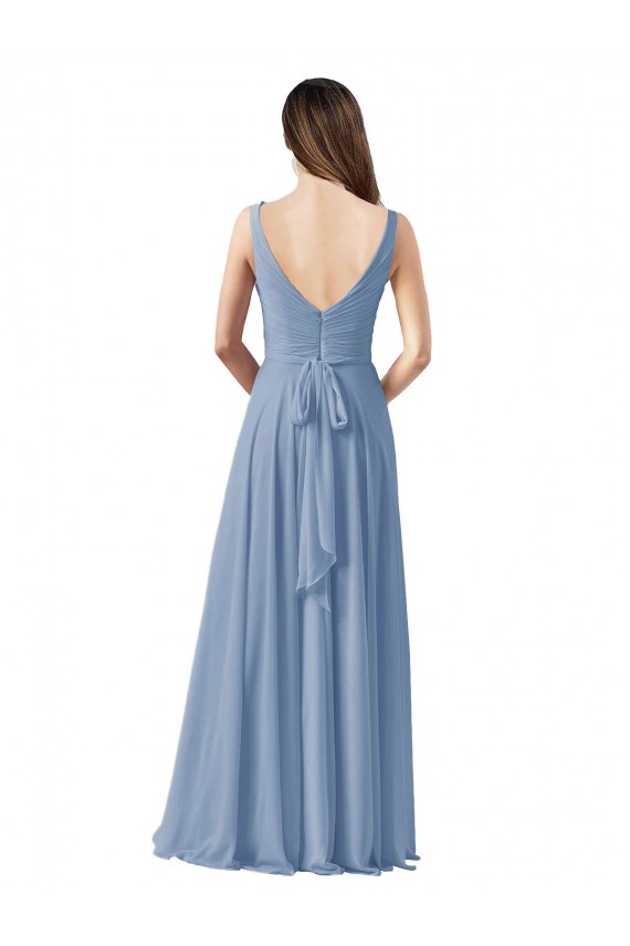 Long Sleeveless Chiffon Dusty Blue V-Neck A-Line Wedding Party Dress Colchester