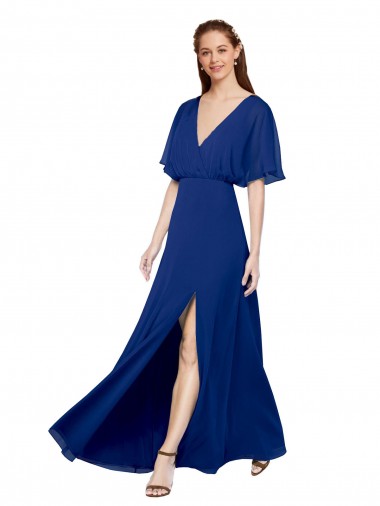 Long Flutter Sleeves Chiffon Royal Blue A-Line Bridesmaid Dress / Evening Gowns Colchester