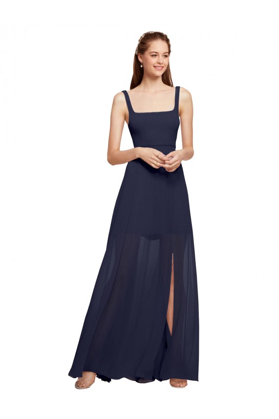 Long Sleeveless Chiffon Dark Navy Spaghetti Straps A-Line Bridesmaid Dress / Evening Dress Colchester